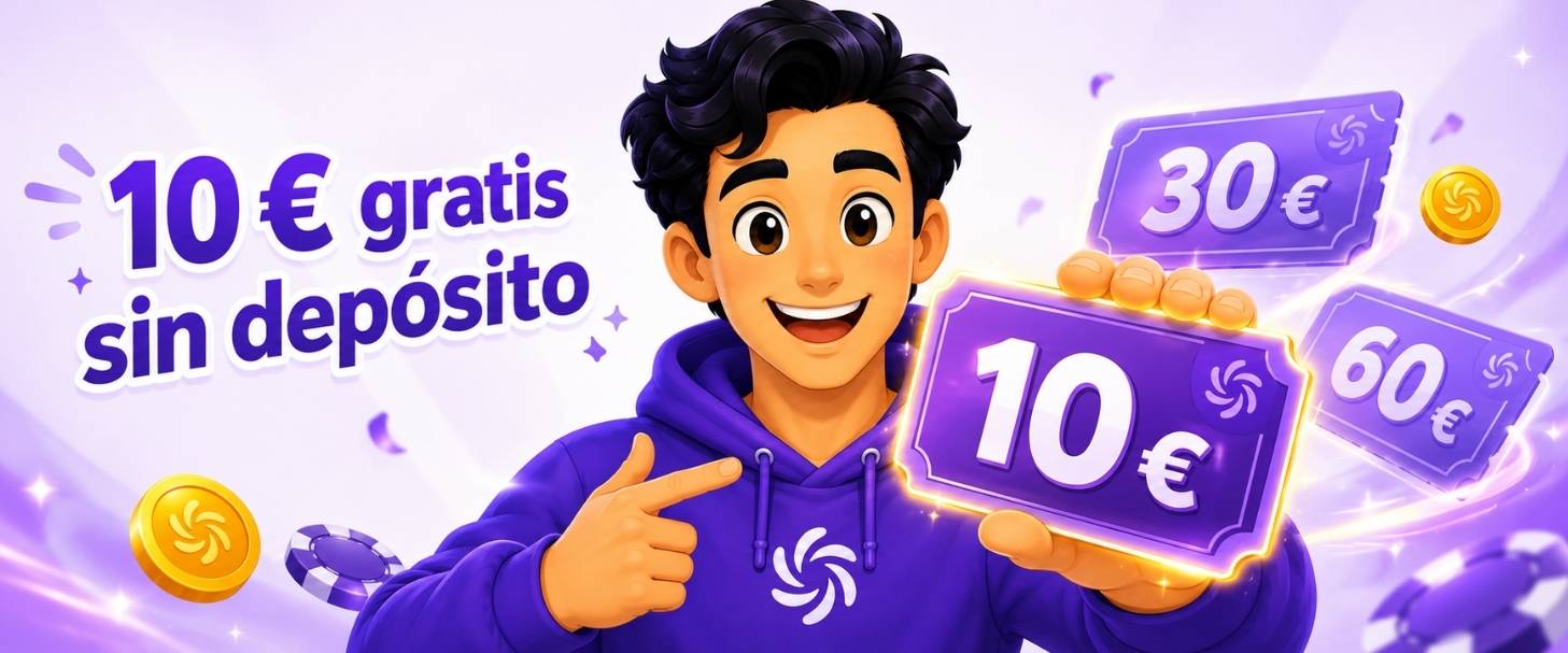 Ilustración de un bono de 10 euros gratis sin depósito con un personaje y alternativas de 30 y 60 euros