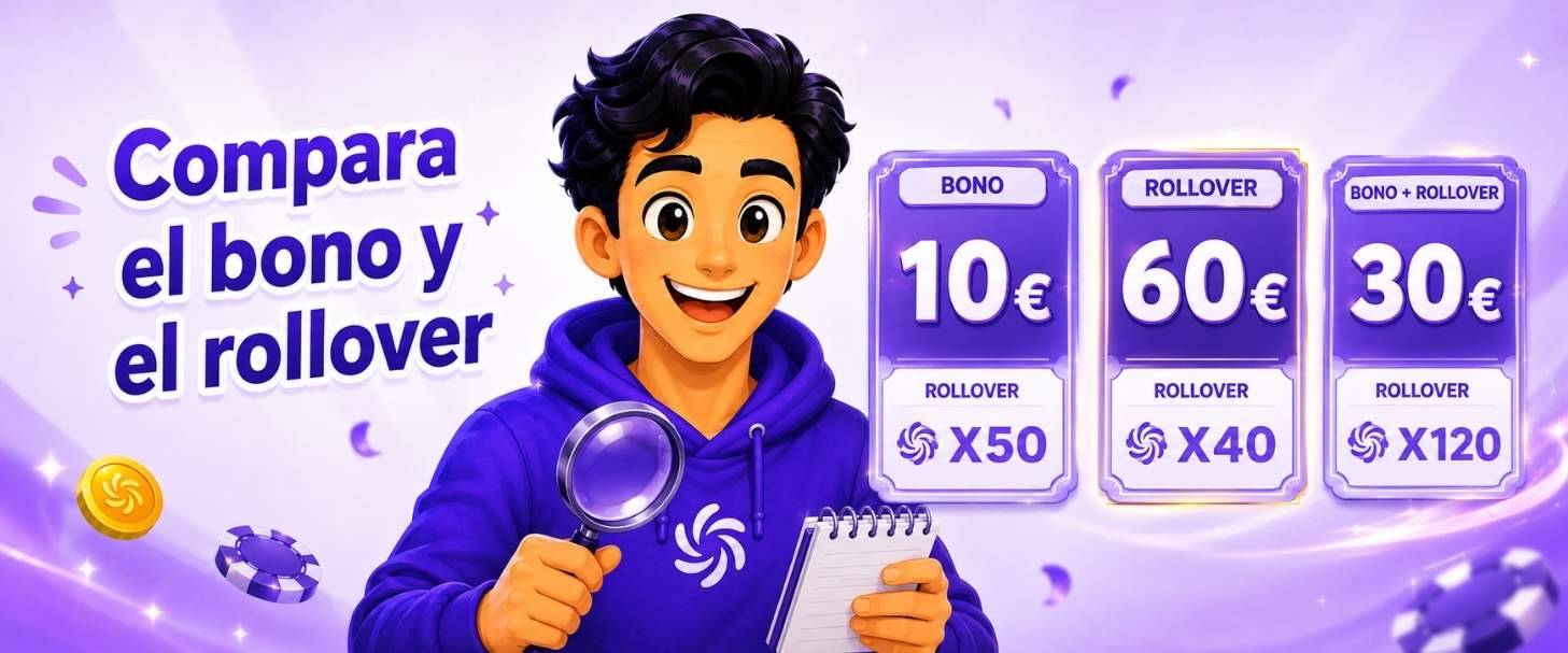 Ilustración comparativa de bonos sin depósito de 10, 60 y 30 euros con requisitos de rollover x50, x40 y x120