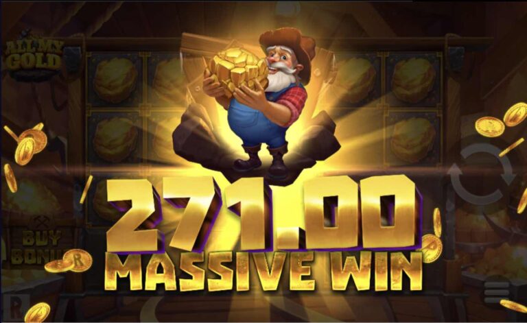 Massive Win en All My Gold con el minero sosteniendo una pepita gigante y un premio de 271,00 entre monedas de oro