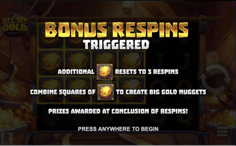 Aviso de Bonus Respins activados en All My Gold: cada pepita nueva reinicia los tres respins y los cuadrados forman Big Gold Nuggets