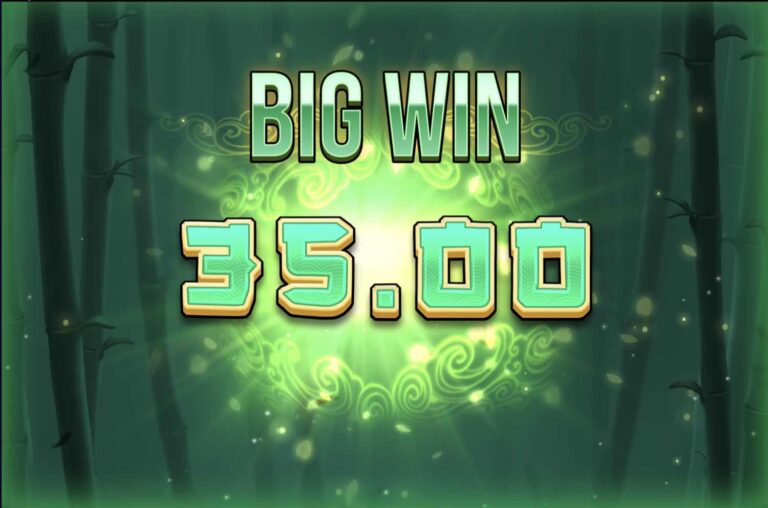 Pantalla de Big Win de 35,00 en Big Bamboo con el resplandor verde entre las cañas de bambú