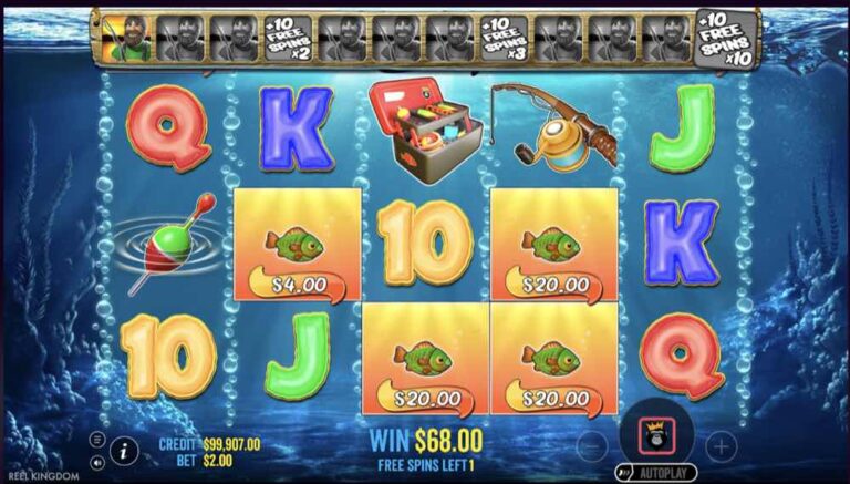 Tiradas gratis de Big Bass Bonanza con cuatro peces con valores de 4 y 20 dólares, un flotador en el primer rodillo y la barra de capturas del pescador en la parte superior