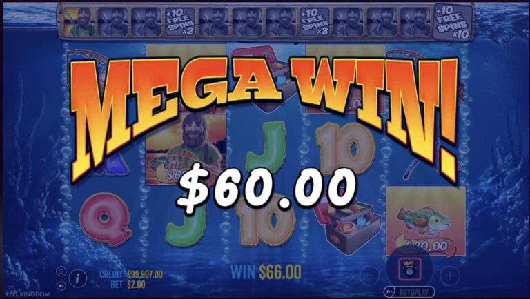 Mega Win de 60 dólares en Big Bass Bonanza con el pescador Wild recogiendo el valor de un pez durante las tiradas gratis