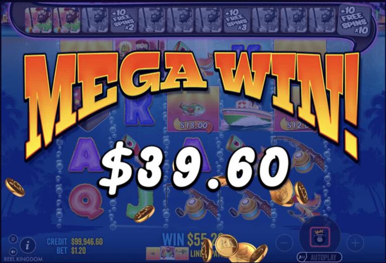 Mega Win de 39,60 dólares en las tiradas gratis de Bigger Bass Bonanza, con peces de 18 y 12 dólares en los carretes y el marcador de pescadores con los escalones x2, x3 y x10 arriba