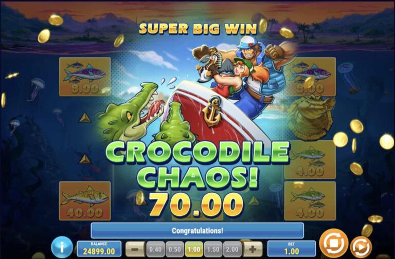 Super Big Win de Crocodile Chaos en Boat Bonanza CrocoNile! con un premio de 70,00 y los capitanes defendiendo el barco de los cocodrilos