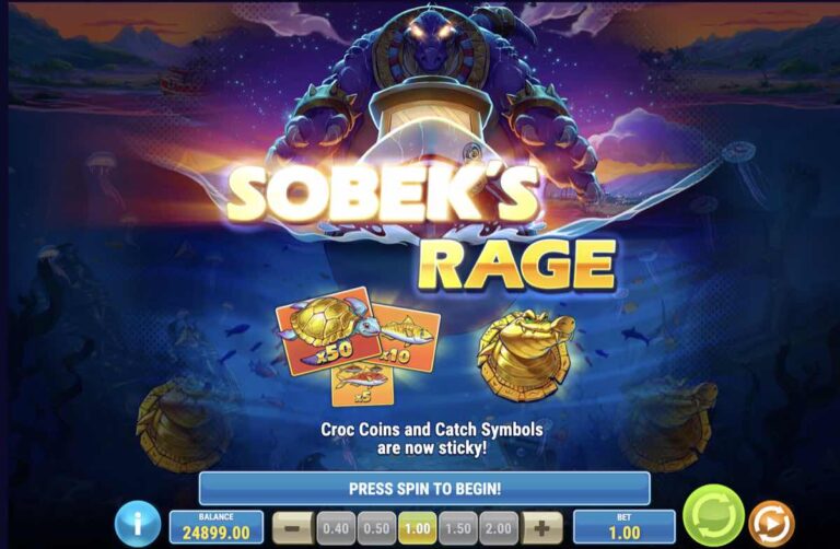 Presentación de Sobek's Rage en Boat Bonanza CrocoNile! con el dios cocodrilo sobre el barco y cartas de multiplicador x50, x10 y x5
