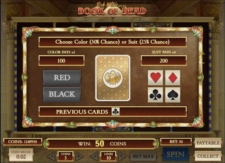 Función de apuesta de Book of Dead con la opción de elegir color o palo de la carta