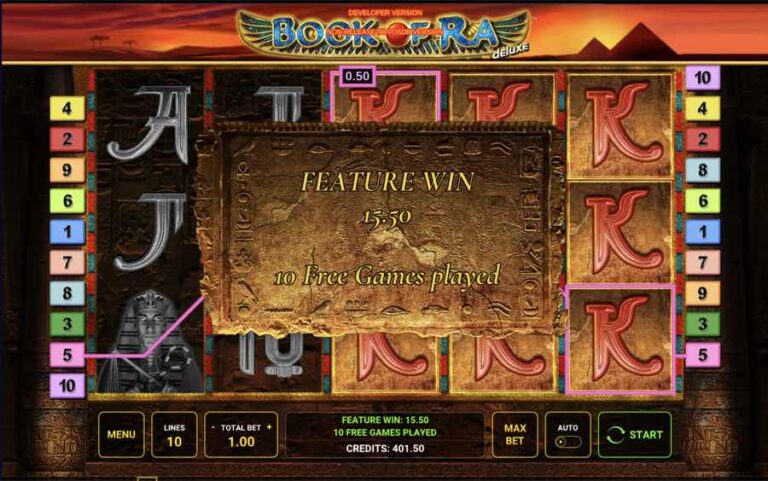 Resultado de la bonificación de Book of Ra Deluxe: premio de 15,50 tras diez tiradas gratis y columnas llenas de K expandidas