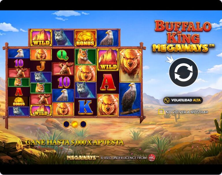 Pantalla de presentación de Buffalo King Megaways con el aviso de que se puede ganar hasta 5.000 veces la apuesta
