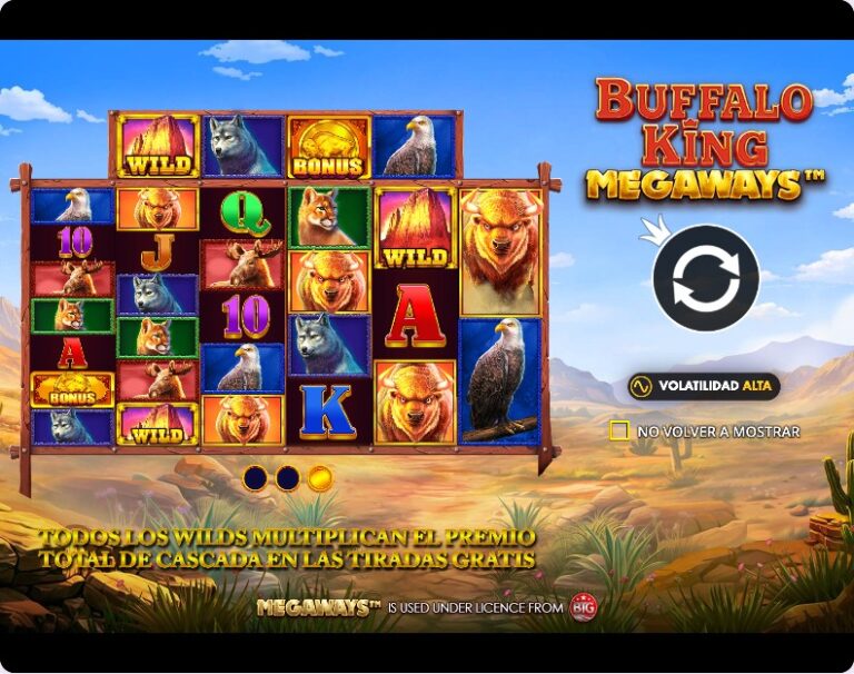 Pantalla de presentación de Buffalo King Megaways que explica que todos los Wilds multiplican el premio total de la cascada en las tiradas gratis, con la etiqueta de volatilidad alta