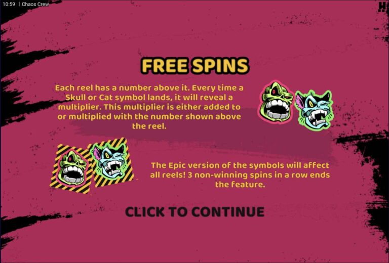 Pantalla de reglas de las tiradas gratis de Chaos Crew con la calavera, el gato y sus versiones Epic a rayas sobre fondo rosa