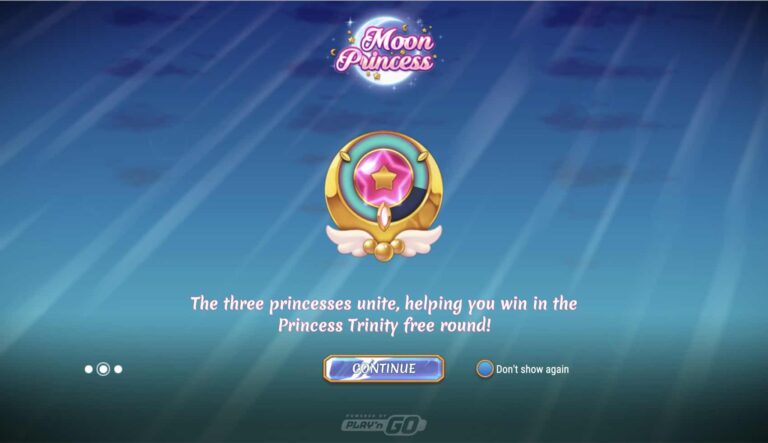 Pantalla de presentación de Moon Princess con el medallón Princess Trinity y el texto sobre la ronda gratuita en la que se unen las tres princesas
