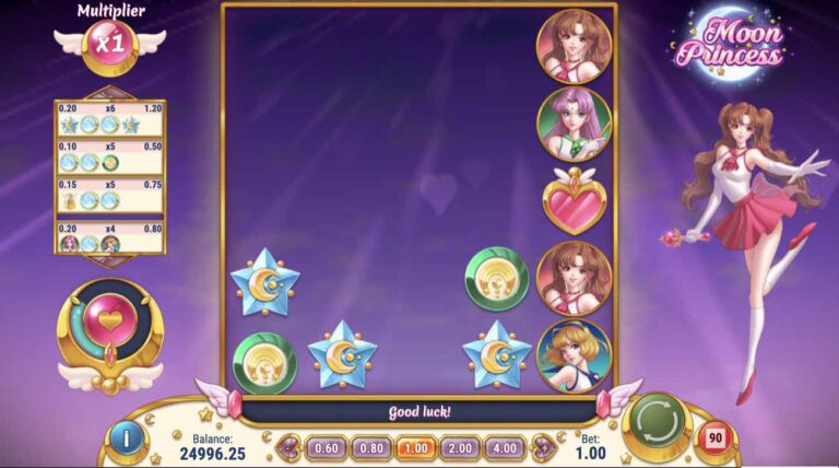 Cuadrícula de Moon Princess casi vacía tras una cadena de premios, con la lista de combinaciones cobradas a la izquierda y el medidor Princess Trinity cargándose