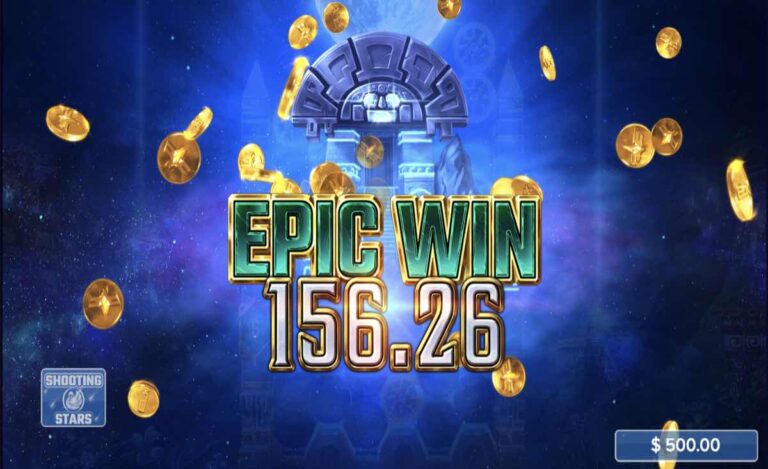 Pantalla de Epic Win en Cygnus 6 con un premio de 156,26 y monedas doradas sobre la puerta inca