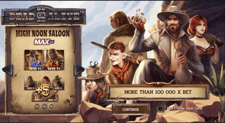Pantalla de presentación de Dead or Alive 2 con los forajidos, la explicación de High Noon Saloon con Wild x2 y x3, y el aviso de más de 100.000 veces la apuesta