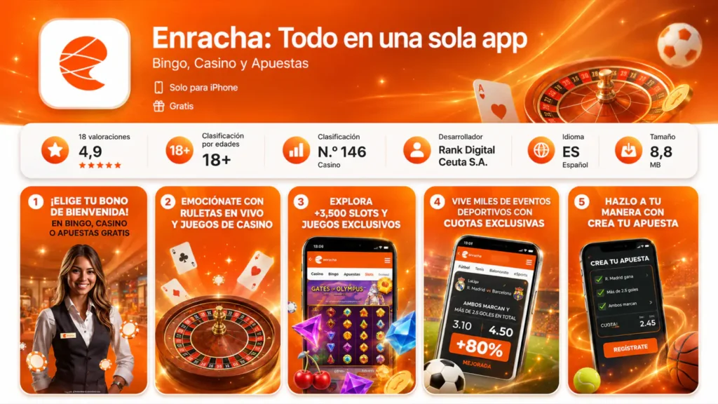 Ficha de la aplicación Enracha en la App Store, con Rank Digital Ceuta como desarrollador