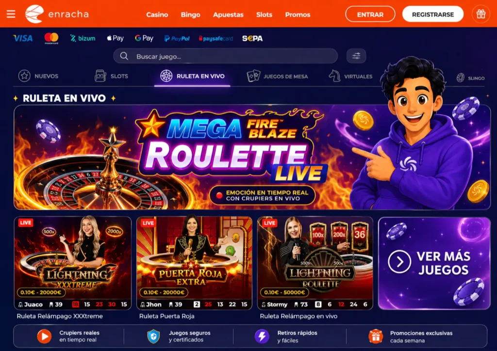 Sección de ruleta en vivo de Enracha, con las mesas de crupier real y las marcas de pago que muestra el sitio