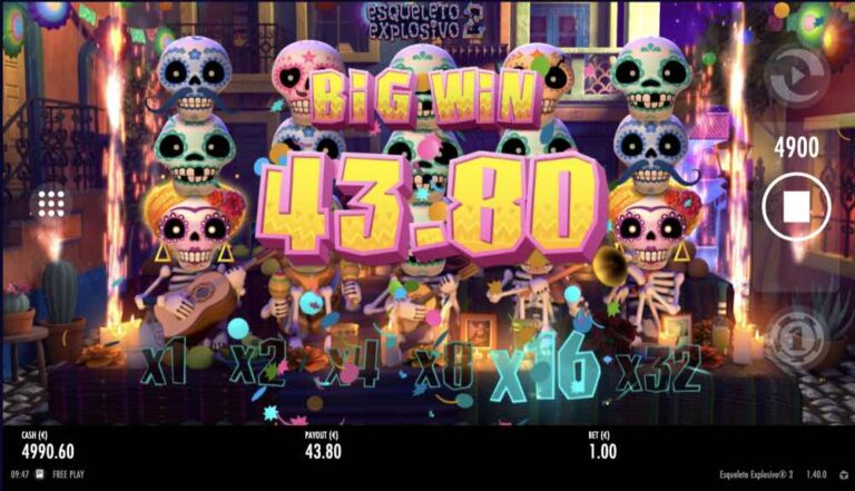Big Win de 43,80 en Esqueleto Explosivo 2 con el contador Mucho Multiplier iluminado en x16 entre confeti