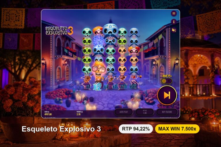 Explosão de um Wild na Esqueleto Explosivo 3 com o Mucho Multiplier em x2 e as caveiras vizinhas a desaparecer em plena avalancha