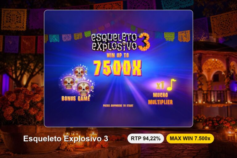 Ecrã de carregamento da Esqueleto Explosivo 3 com o prémio máximo de 7500x, as três caveiras douradas do jogo de bonificação e o letreiro do Mucho Multiplier
