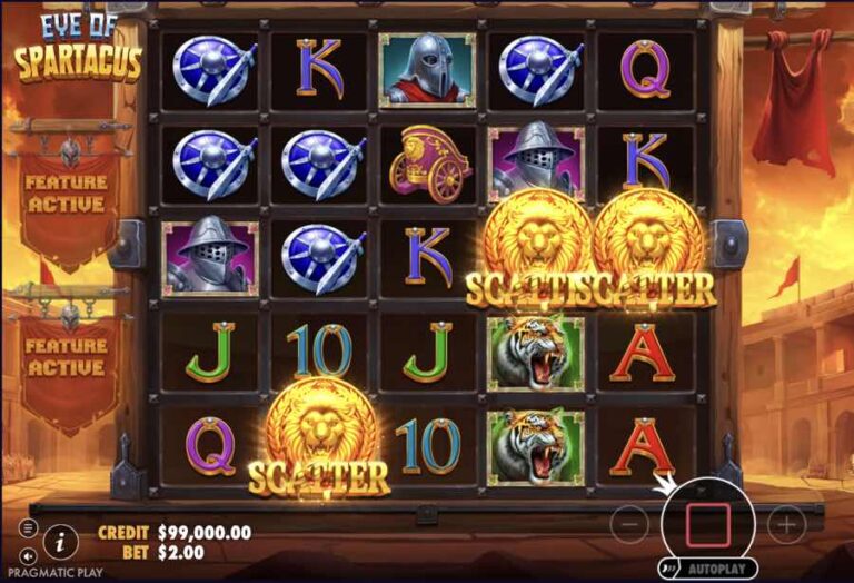 Tres leones dorados de Scatter en la cuadrícula de Eye of Spartacus, la combinación que activa las tiradas gratis
