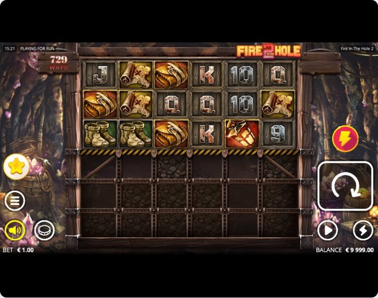 Mina de Fire in the Hole 2 tras un derrumbe, con cuatro filas abiertas y 729 formas de combinar en pantalla