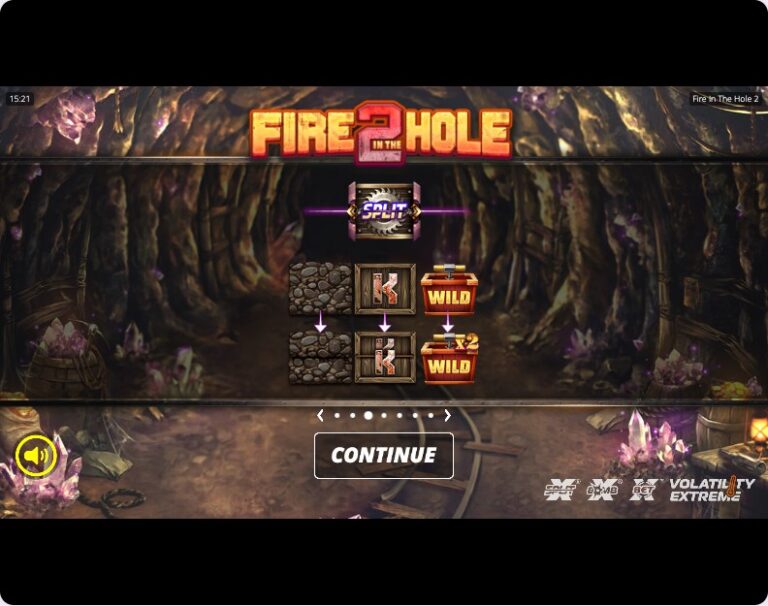 Pantalla de presentación de Fire in the Hole 2 que explica el xSplit: un símbolo que parte y duplica los símbolos de su fila, con la etiqueta de volatilidad extrema