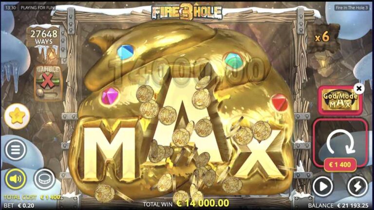 Premio máximo de Fire in the Hole 3 con el símbolo MAX dorado y una ganancia de 14.000 euros