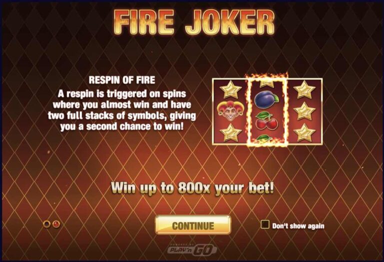 Pantalla de presentación de Fire Joker que explica la Respin of Fire con dos rodillos apilados y el tope de 800 veces la apuesta