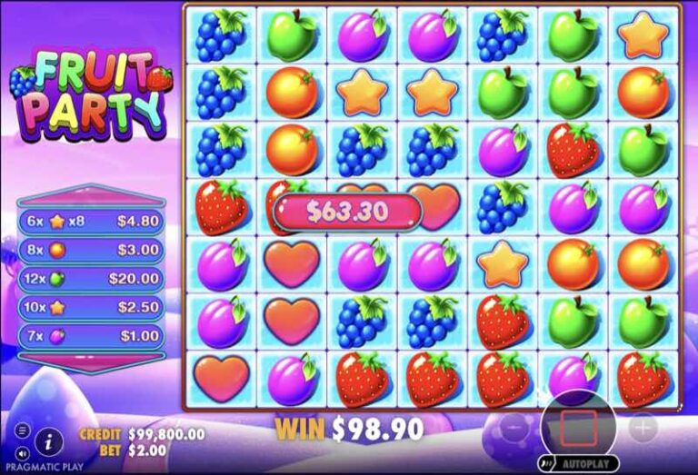 Tiradas gratis de Fruit Party con un grupo de seis estrellas con multiplicador 8x que paga 63,30 sobre el paisaje morado
