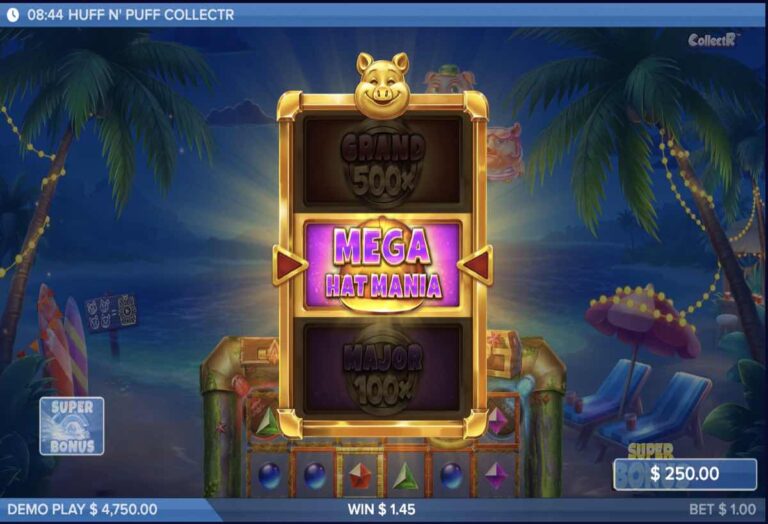 Golden Wheel de Huff N' Puff CollectR concediendo Mega Hat Mania, con Grand 500x y Major 100x en los laterales