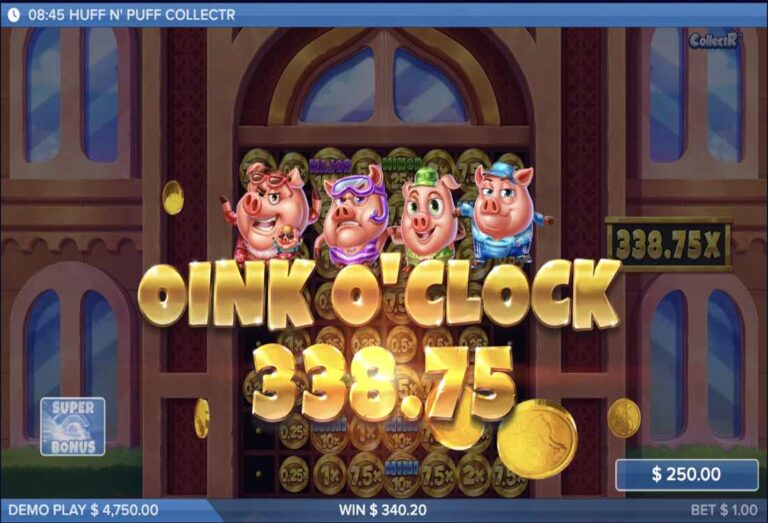 Premio Oink O'Clock de Huff N' Puff CollectR con un multiplicador de 338,75x y una ganancia de 340,20 dolares