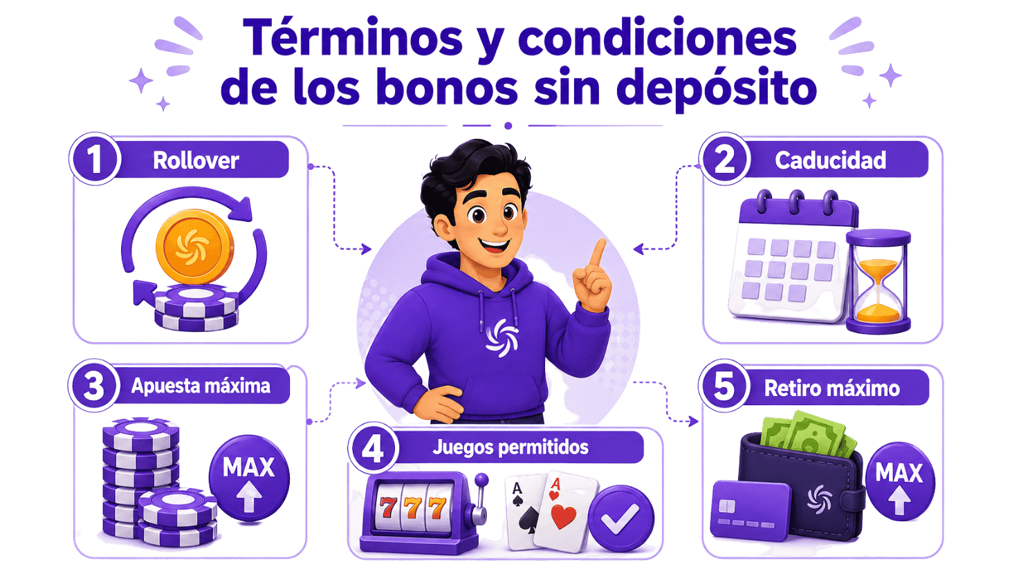 Infografía sobre los términos y condiciones de los bonos sin depósito: rollover, caducidad, apuesta máxima, juegos permitidos y retiro máximo.