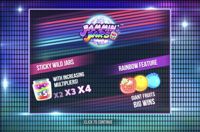 Pantalla de presentación de Jammin' Jars con los tarros Wild fijos de multiplicador creciente y el Rainbow Feature con frutas gigantes