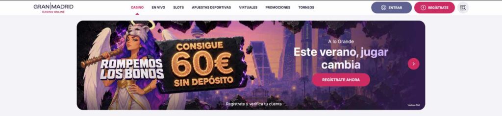Portada del casino online de Gran Madrid con el menú y la promoción sin depósito