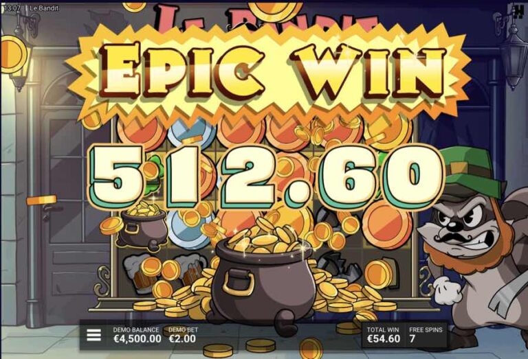 Epic Win de 512,60 euros en Le Bandit con botes de oro desbordados de monedas durante las tiradas gratis