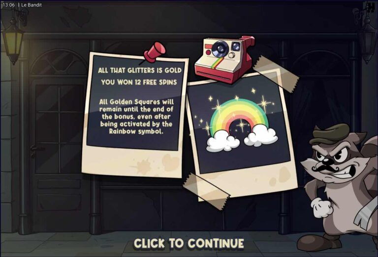 Polaroid de Le Bandit anunciando la bonificación All That Glitters is Gold con doce tiradas gratis y casillas doradas persistentes