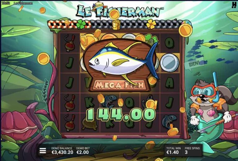 Premio Mega Fish de Le Fisherman con un pez de gran tamaño y una ganancia de 144,00 sobre el tablero