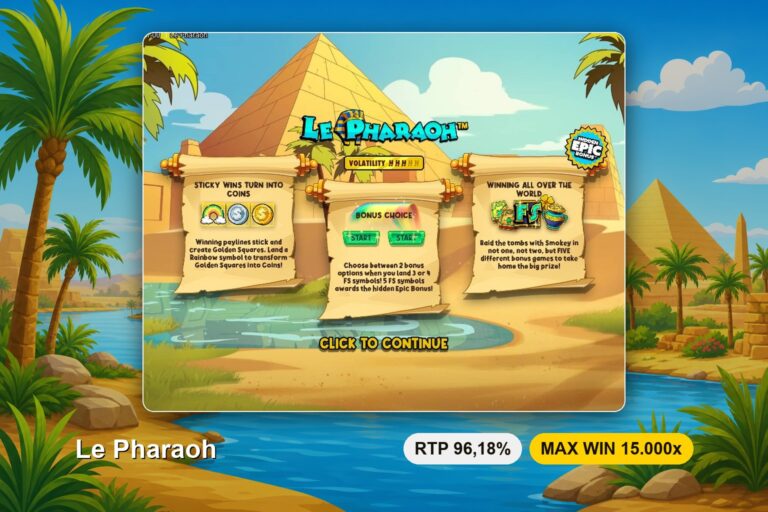 Ecrã de apresentação da Le Pharaoh com a pirâmide ao fundo, o medidor de volatilidade em três de cinco e os pergaminhos que explicam as moedas, a dupla bonificação e o bónus épico escondido