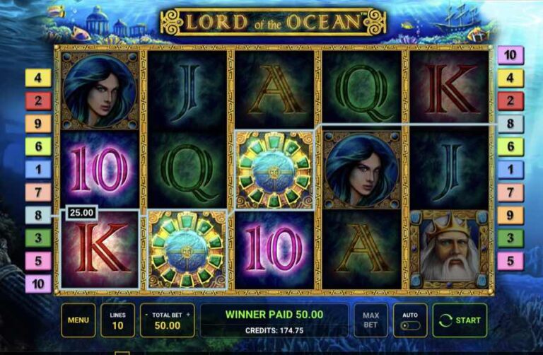 Premio de 50,00 en Lord of the Ocean con dos puertas doradas en los carretes dos y tres, la sirena en dos posiciones y Poseidón en el último carrete, con apuesta total de 50,00