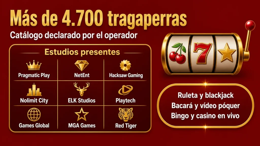 Catálogo de Luckia: más de 4.700 tragaperras declaradas por el operador y los estudios presentes, además de ruleta, blackjack, bacará, vídeo póquer y bingo