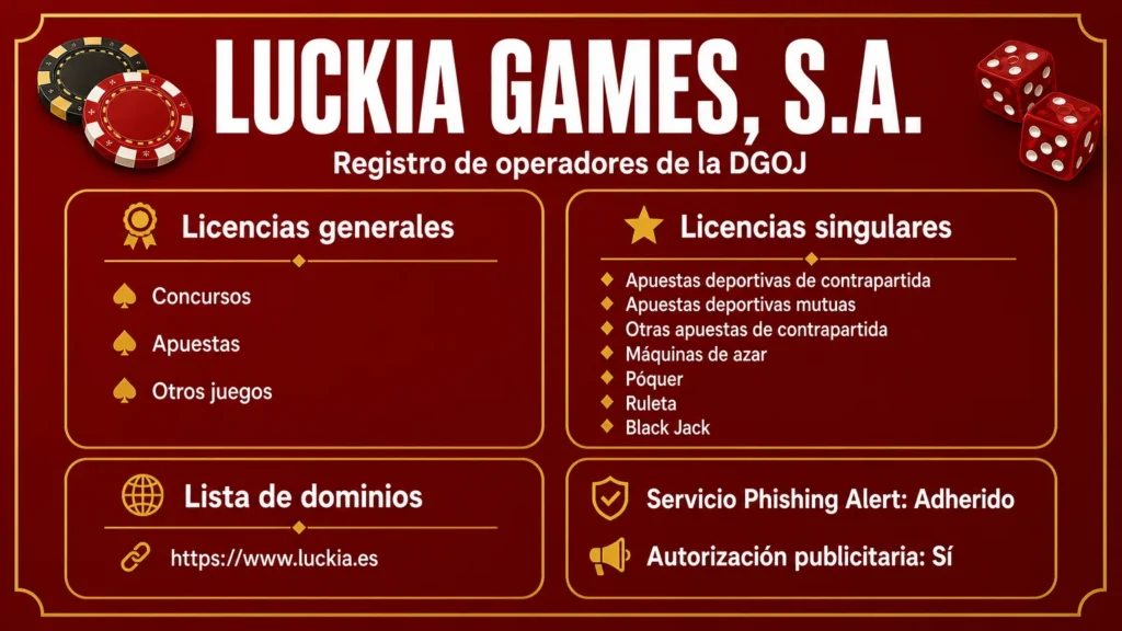 Licencias generales y singulares de Luckia Games, S.A. en el registro de la DGOJ, incluida la de póquer, con luckia.es como único dominio