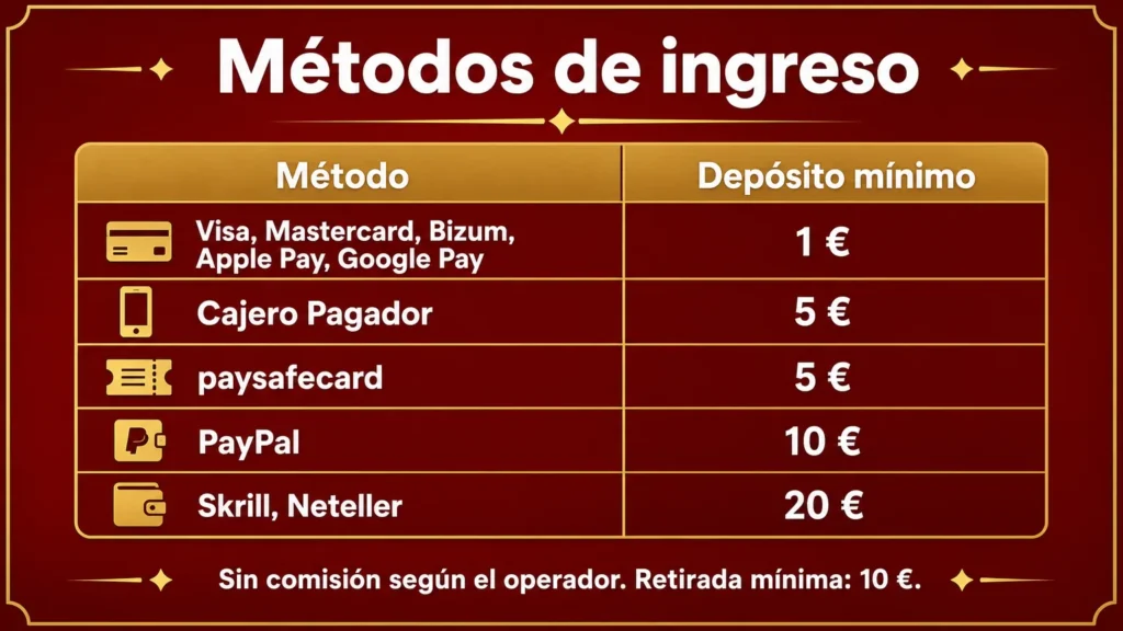 Métodos de ingreso de Luckia: depósito mínimo de 1 € con tarjeta, Bizum, Apple Pay y Google Pay, y hasta 20 € con Skrill y Neteller