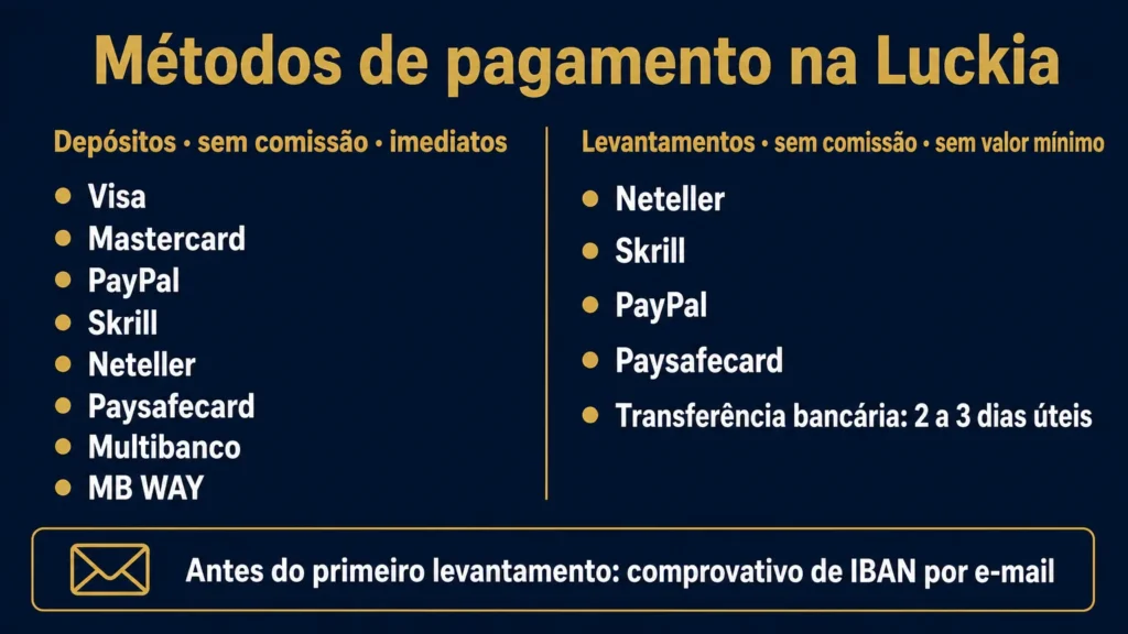 Os oito métodos de depósito da Luckia sem comissão, os cinco métodos de levantamento sem valor mínimo, a transferência bancária em dois a três dias úteis e o comprovativo de IBAN antes do primeiro levantamento