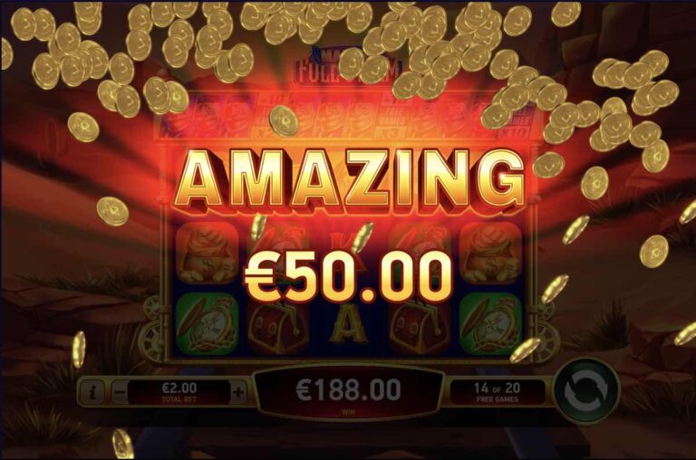 Premio Amazing de 50 euros durante las Free Games de Mad Hit Full Steam, con lluvia de monedas y el marcador de multiplicadores arriba