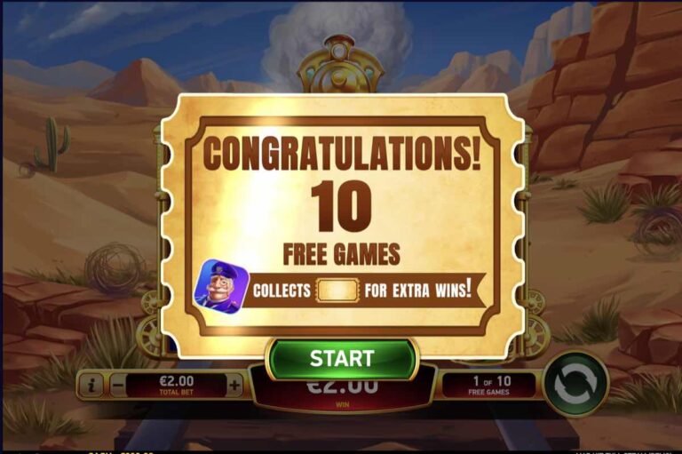 Billete de Mad Hit Full Steam que anuncia diez Free Games, con el revisor que recoge billetes para conseguir premios extra