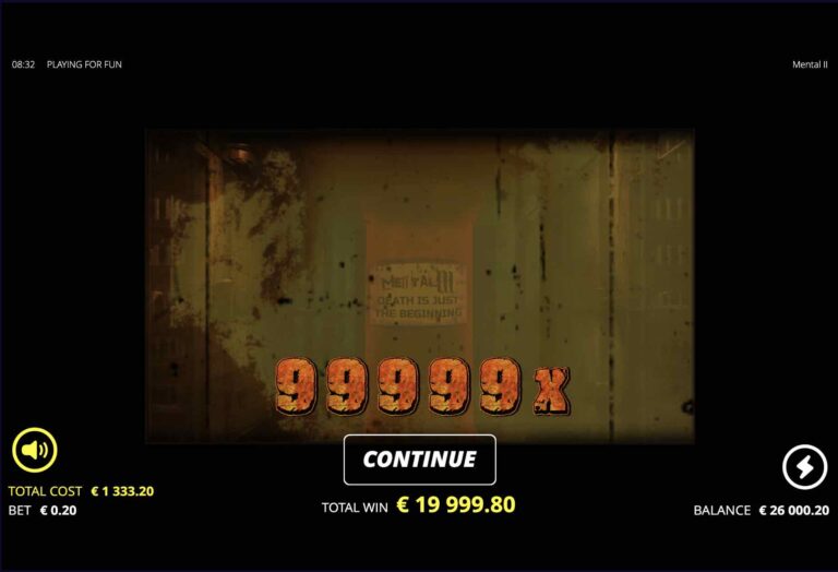 Pantalla de premio máximo de Mental 2 mostrando 99.999x y una ganancia total de 19.999,80 euros