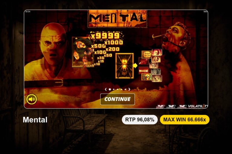 Ecrã de apresentação da Mental com a tabela de multiplicadores do Dead Patient de x5 a x9999 e a aranha que ativa o Mental Transform