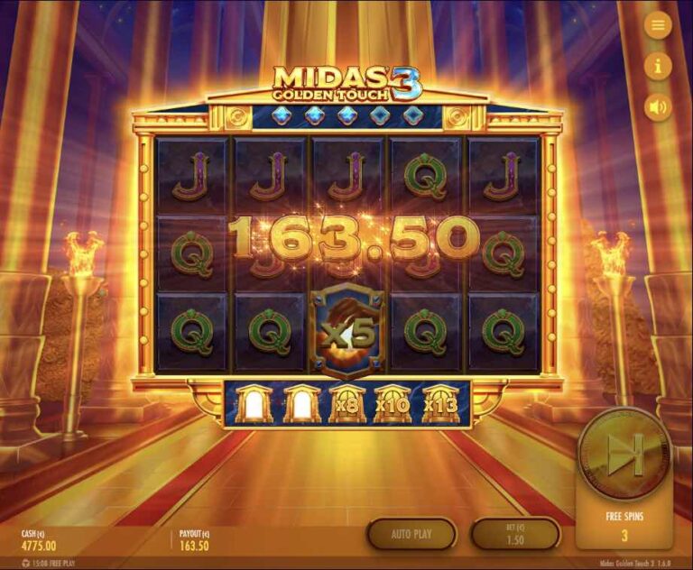 Tiradas gratis de Midas Golden Touch 3 con un premio de 163,50 euros y el multiplicador x5 de la mano de Midas