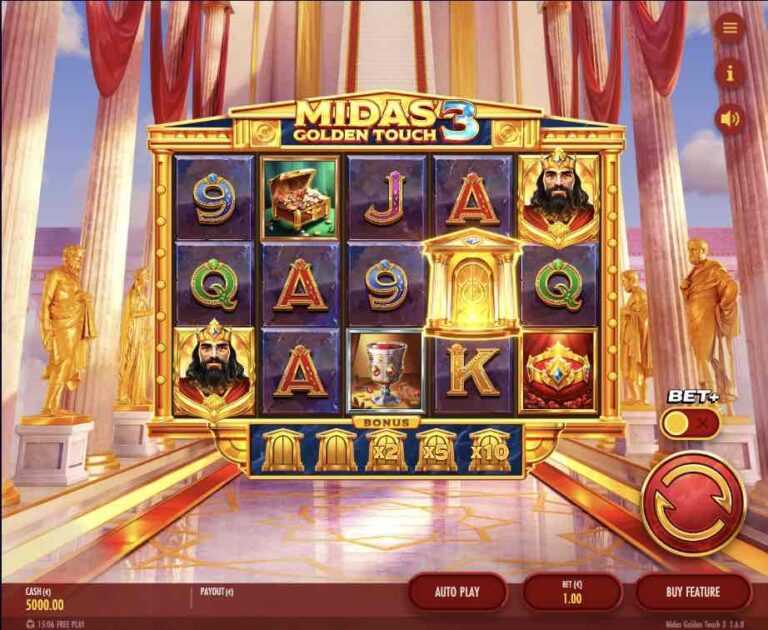 Tablero de Midas Golden Touch 3 con cinco rodillos y el medidor de templos con multiplicadores bajo la cuadrícula